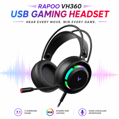 Rapoo VH360 USB Gaming Headset (Black) – Wired Over-Ear Headphone with High-Quality Audio, Noise Isolation, Comfortable Fit & Plug-and-Play Setup